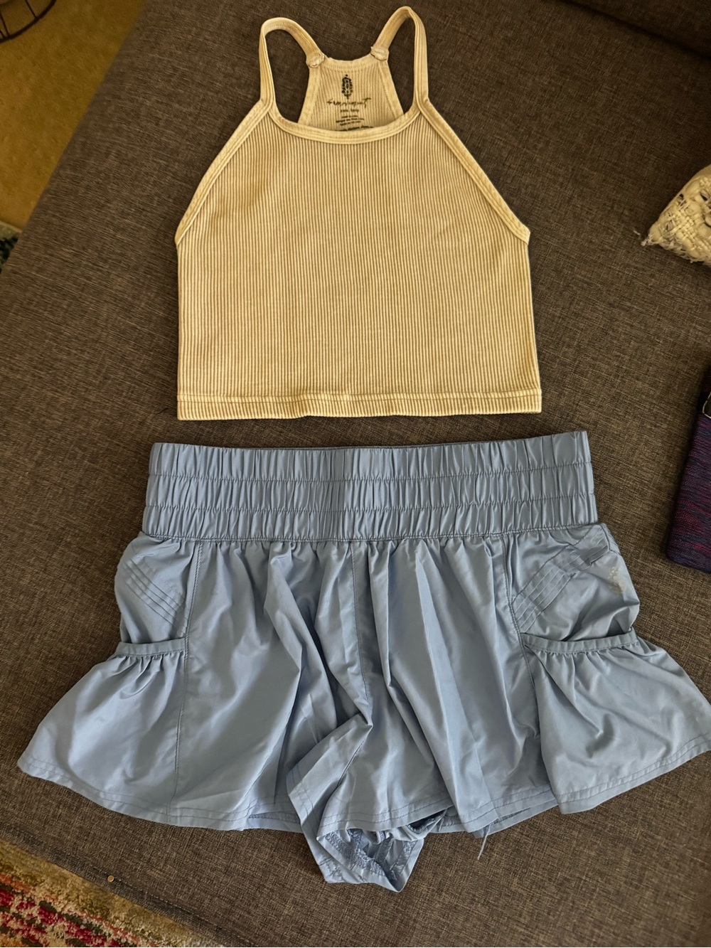 Free People Ribbed Cropped Top and Blue Athletic Shorts Set